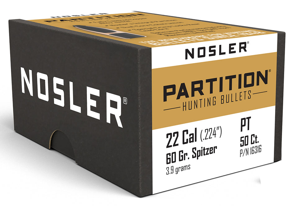 Nosler Partition 22 Cal 60gr Spitzer Reloading Bullets 50/Box