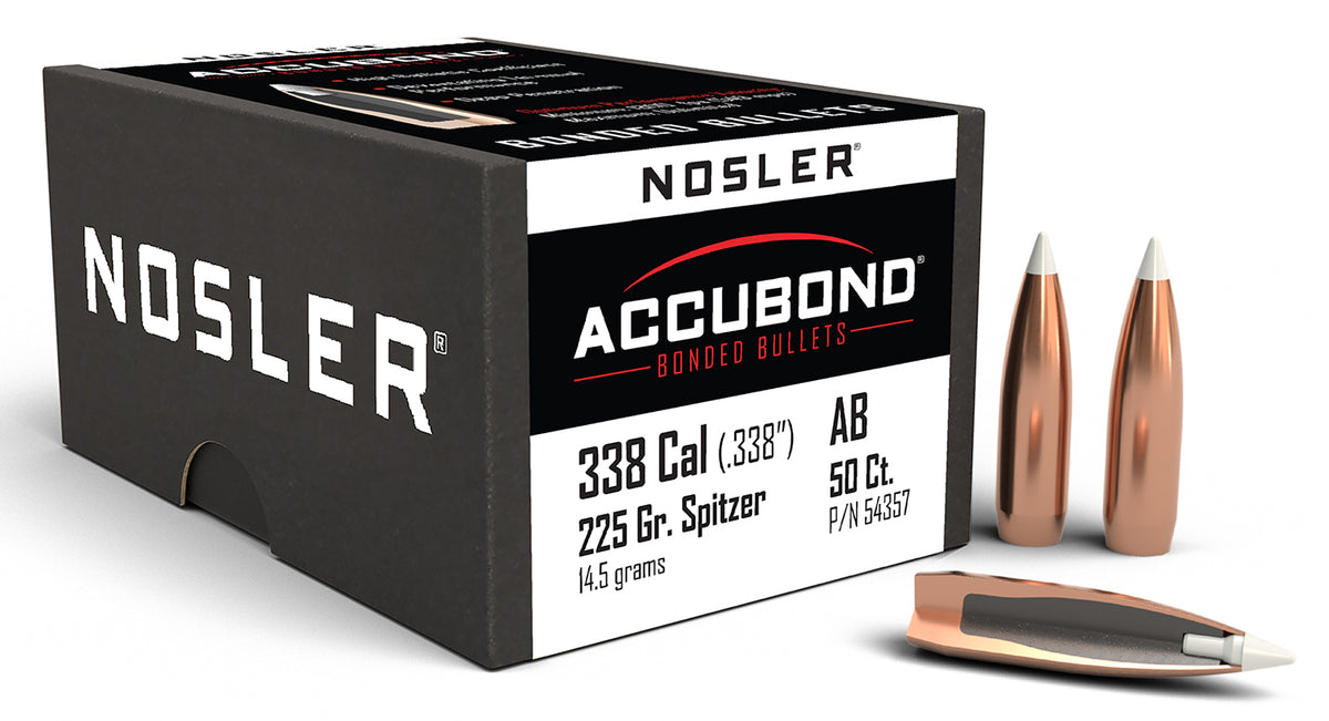 Nosler AccuBond 338 Caliber 225gr Spitzer Boat Tail Bullet 50/Box