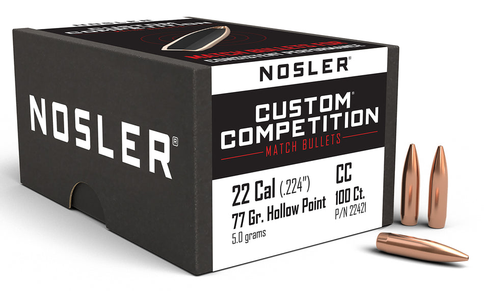 Nosler Custom Competition 22 Caliber 77gr Hollow Point Boat Tail 100/Box