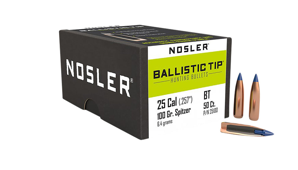 Nosler Ballistic Tip Hunting 25 Caliber 100gr Spitzer Boat Tail 50/Box