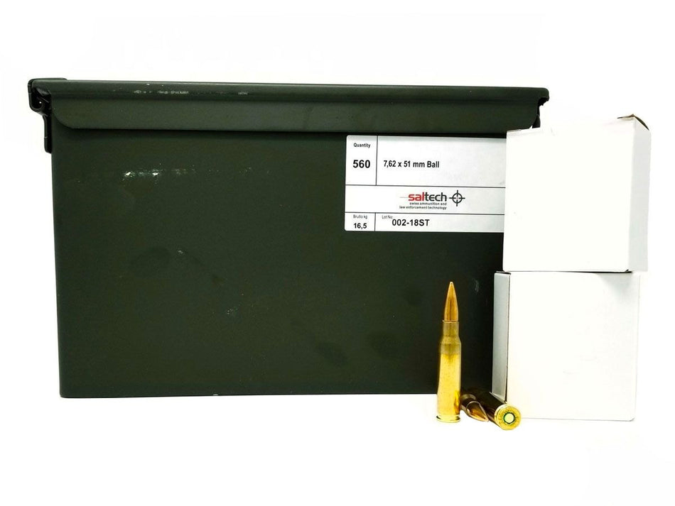 Saltech Swiss Ammunition 7.62x51mm M80 BALL 150 Grain FMJBT 560 Rounds with Ammo Can