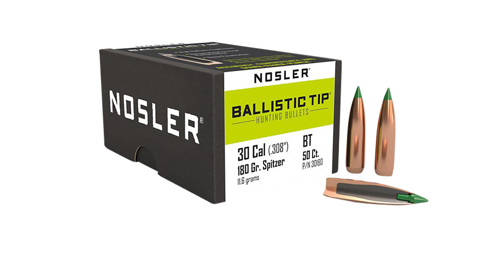 Nosler Ballistic Tip Hunting 30 Caliber 180gr Spitzer Boat Tail 50/Box