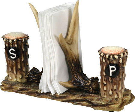 Rivers Edge Resin Antler Base Napkin Holder with Ceramic Salt & Pepper Shakers