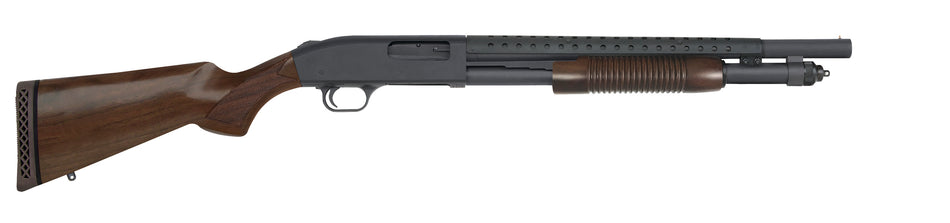 Mossberg 52151 590 Retrograde 12 Gauge Pump 3" 6+1 18.50" Matte Blued Heat Shield Barrel, Matte Blued Stainless Steel Drilled & Tapped Receiver, Walnut Fixed Stock, Cylinder Bore Choke