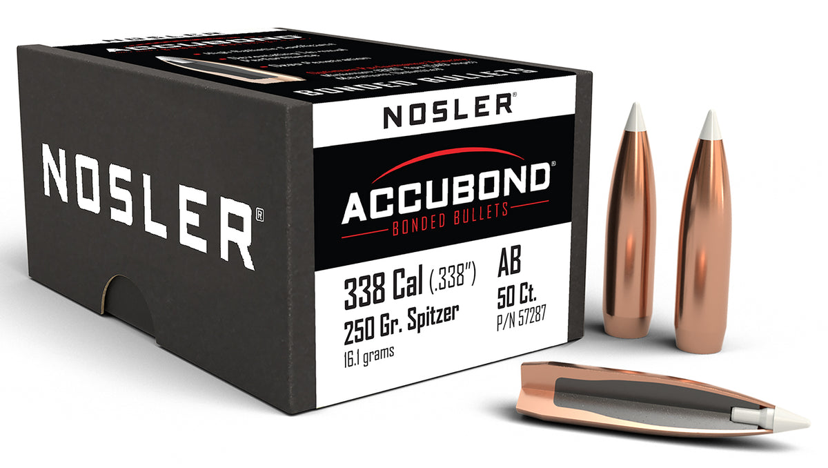 Nosler AccuBond 338 Caliber 250gr Spitzer Point Bullets 50/Box