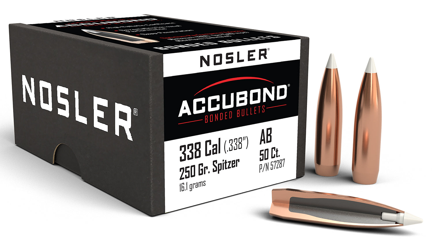 Nosler AccuBond 338 Caliber 250gr Spitzer Point Bullets 50/Box