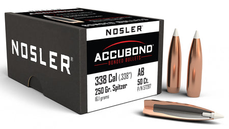 Nosler AccuBond 338 Caliber 250gr Spitzer Point Bullets 50/Box