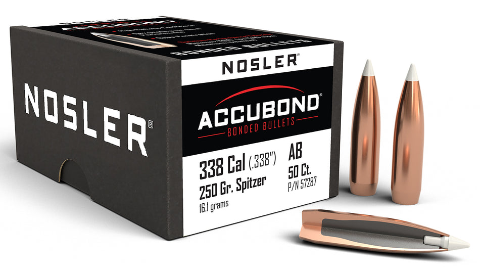 Nosler AccuBond 338 Caliber 250gr Spitzer Point Bullets 50/Box