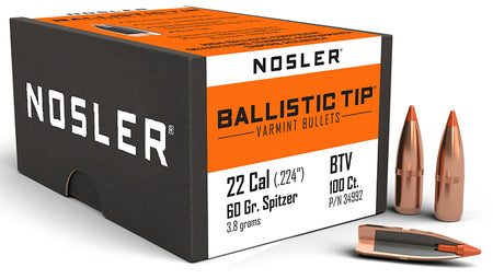 Nosler Ballistic Tip 22 Caliber 60gr Spitzer Varmint Bullets 100/Box