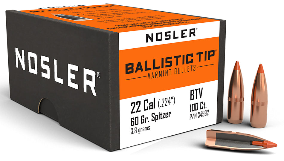 Nosler Ballistic Tip 22 Caliber 60gr Spitzer Varmint Bullets 100/Box