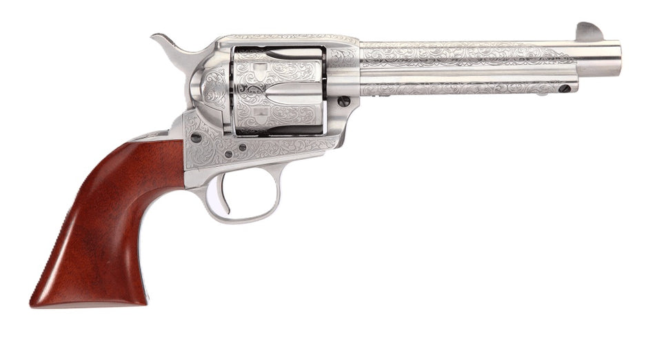 Taylors & Company 550927 1873 Cattleman 45 Colt (LC) Caliber with 5.50" Barrel, 6rd Capacity Cylinder, Overall White Floral Engraved Finish Steel & Walnut Grip