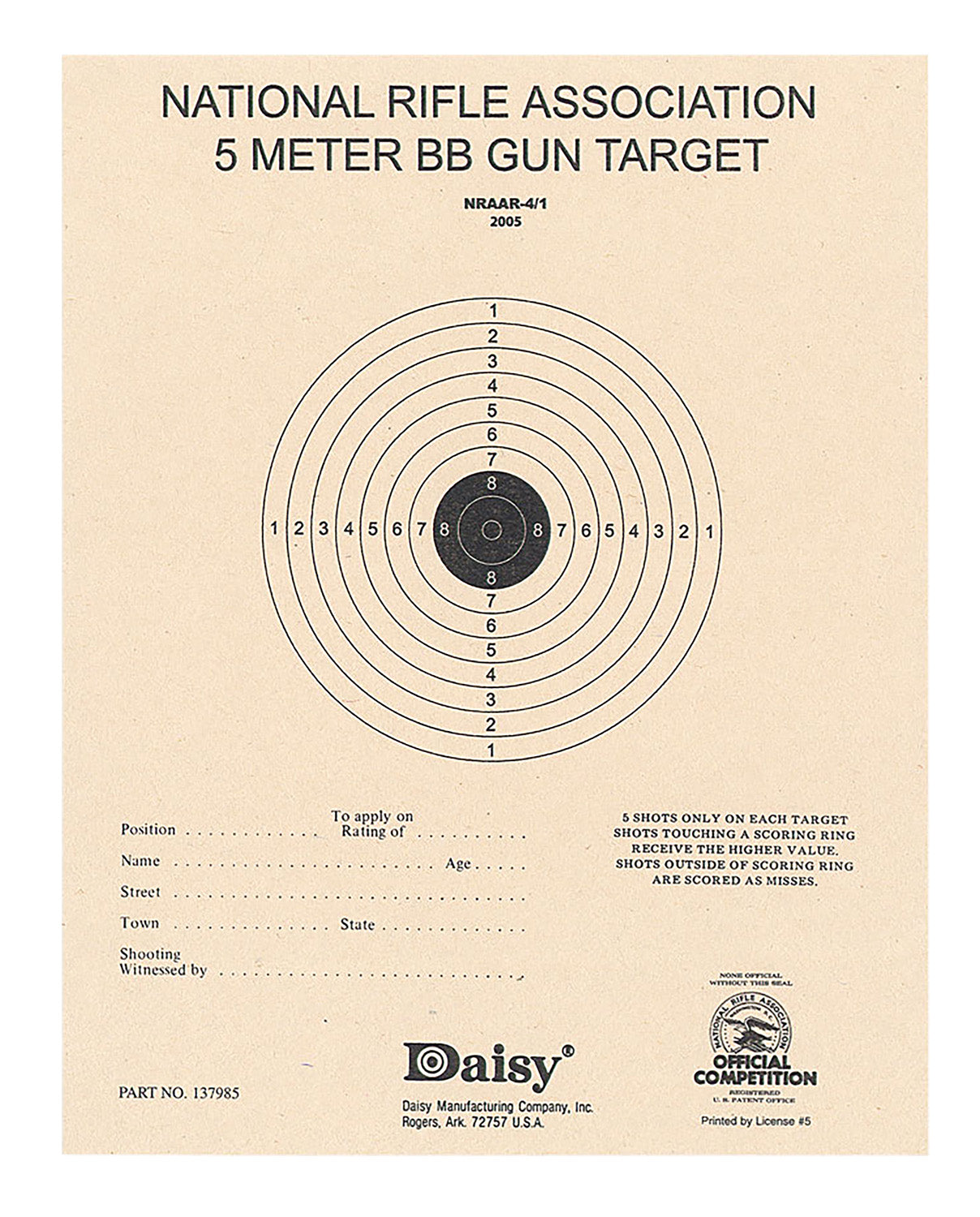Daisy 408 NRA 5-Meter Standard Air Rifle Paper Target, Black & White, 50 Per Pkg