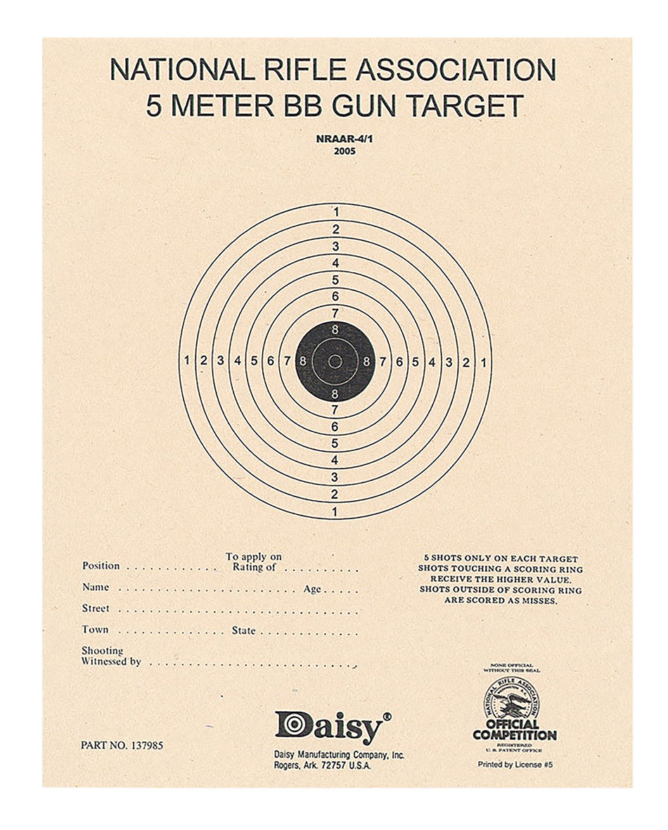 Daisy 408 NRA 5-Meter Standard Air Rifle Paper Target, Black & White, 50 Per Pkg