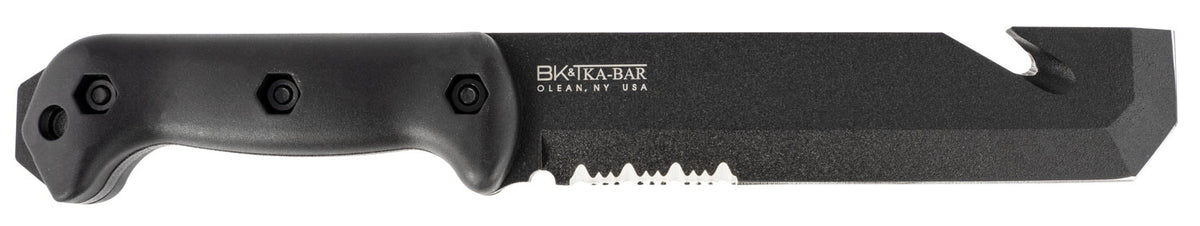 Ka-Bar BK3 Becker Tac Tool 7" Part Serrated Chisel Ground 1095 Cro-Van Blade, Black Ultramid Handle, Includes Sheath