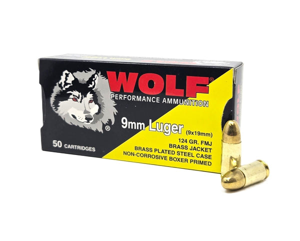 Wolf  9mm Luger Ammo 124 Grain Brass Plated Steel, Full Metal Jacket(FMJ)