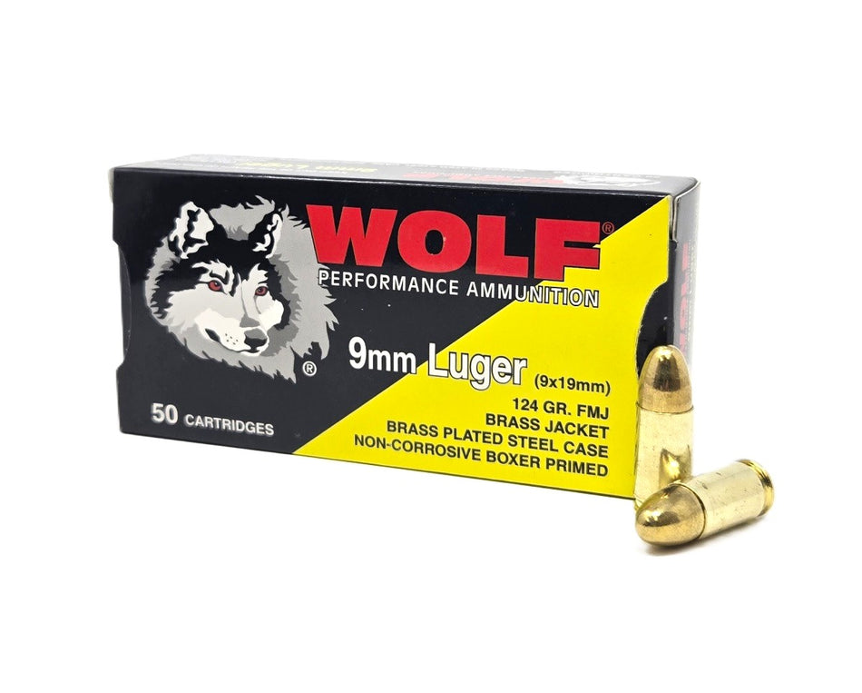 Wolf  9mm Luger Ammo 124 Grain Brass Plated Steel, Full Metal Jacket(FMJ)