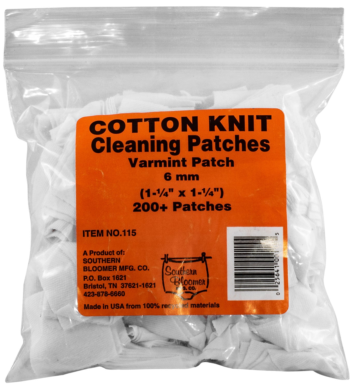 Southern Bloomer 115 6mm Cotton Knit Firearm Cleaning Patches 200 Per Pack