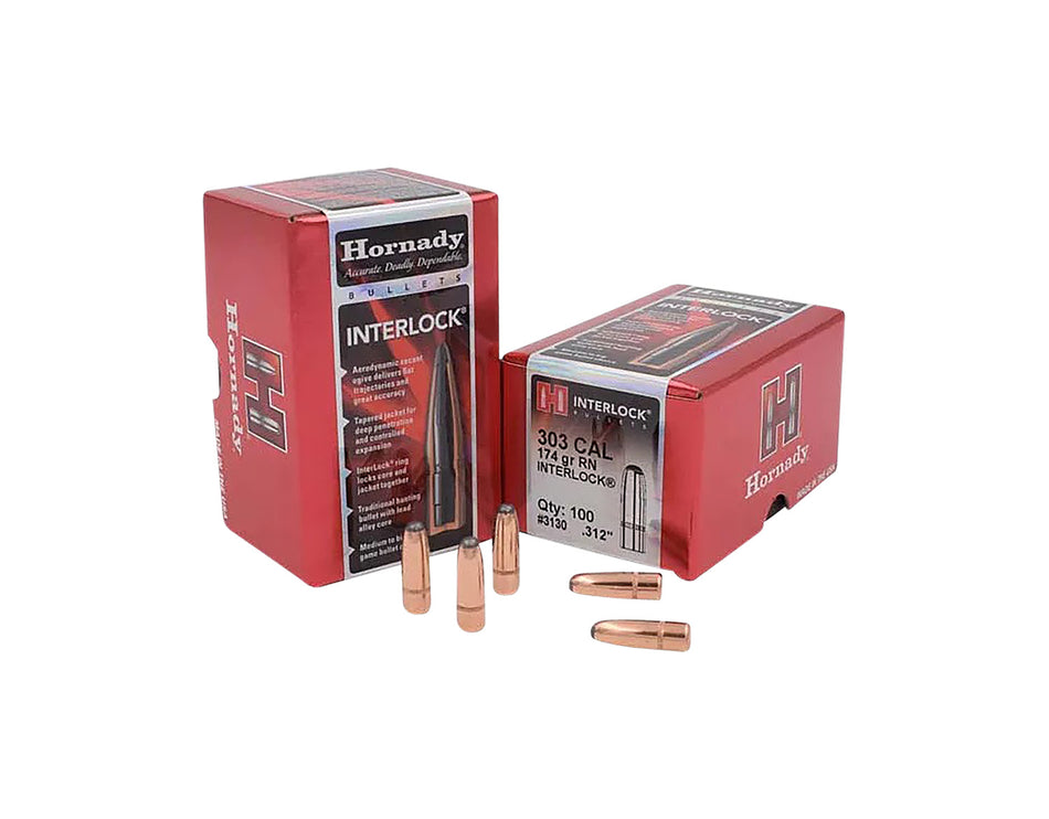 Hornady InterLock 303 Cal .312 174 gr Round Nose Hunting Bullet 100 Per Box