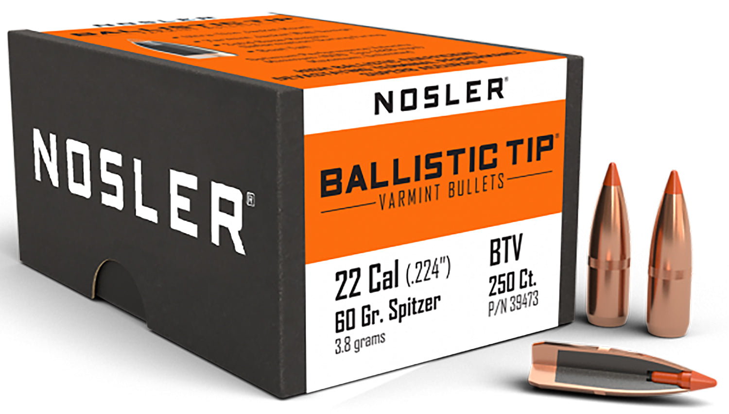 Nosler Ballistic Tip Varmint 22 Caliber 60gr Spitzer Bullets 250/Box
