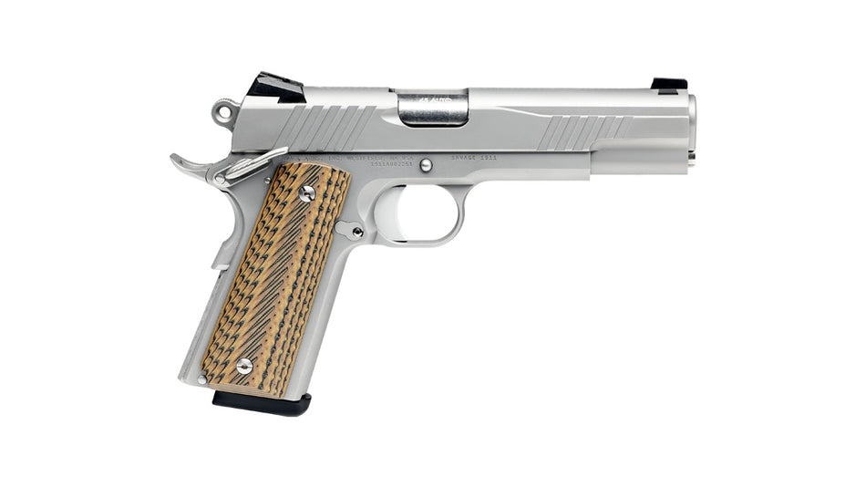 Savage Arms 67205 1911 Government 9mm Luger 10+1 5" Stainless Steel Barrel, Serrated Stainless Steel Slide, Stainless Steel Frame w/Beavertail, Brown VZ Grip
