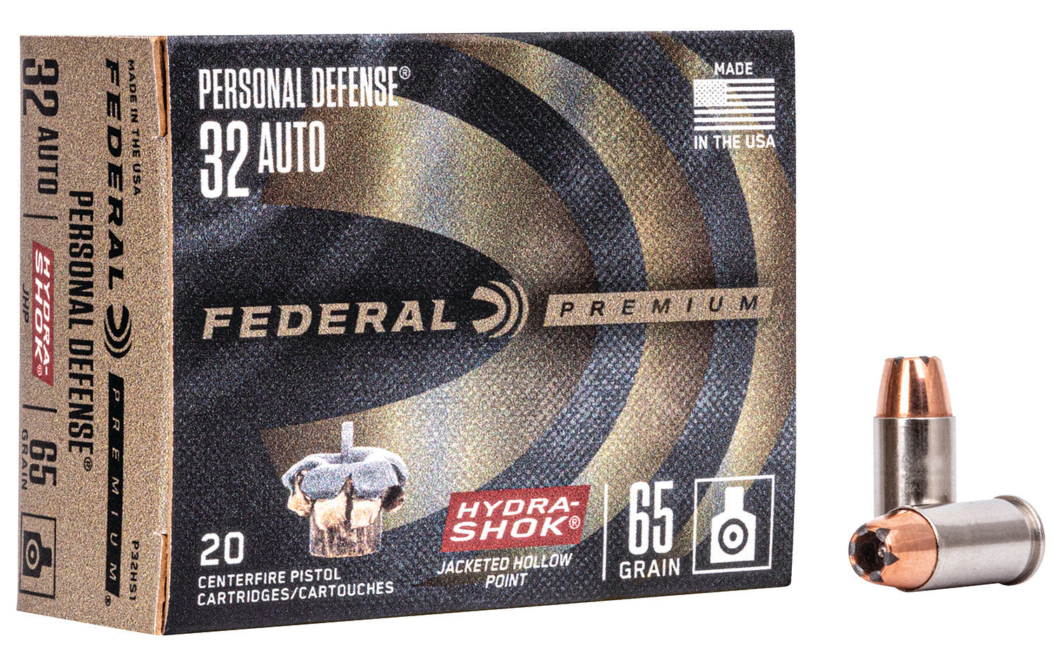 Federal Premium Personal Defense .32 ACP 65 grain Hydra-Shok Jacketed Hollow Point ammunition