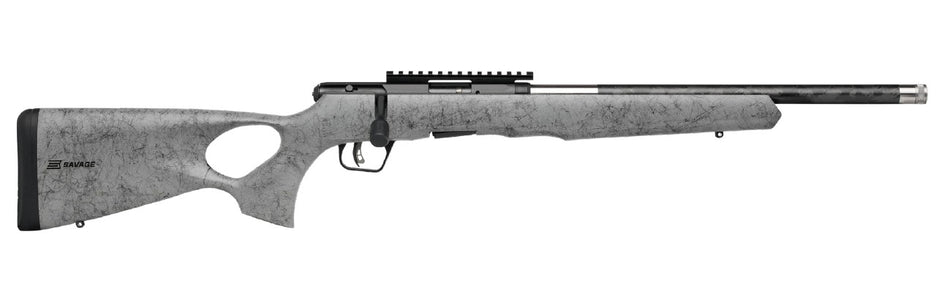 Savage Arms 70518 B Series TimberLite 22 WMR 10+1 18" Carbon Fiber Threaded Barrel, Matte Black Picatinny Rail Carbon Steel Receiver, Gray w/Black Webbing Fixed Thumbhole Synthetic Stock