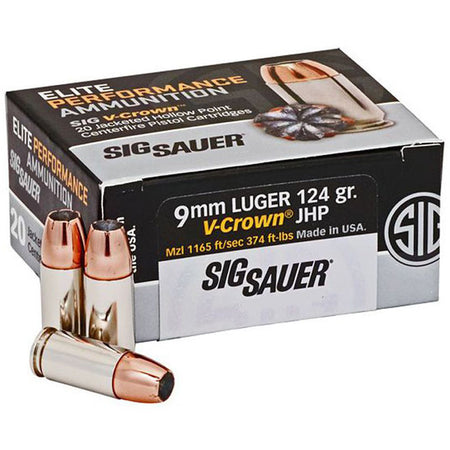 Sig Sauer Elite Performance V-Crown 9mm Luger / Parabellum 124 grain Jacketed Hollow Point ammunition