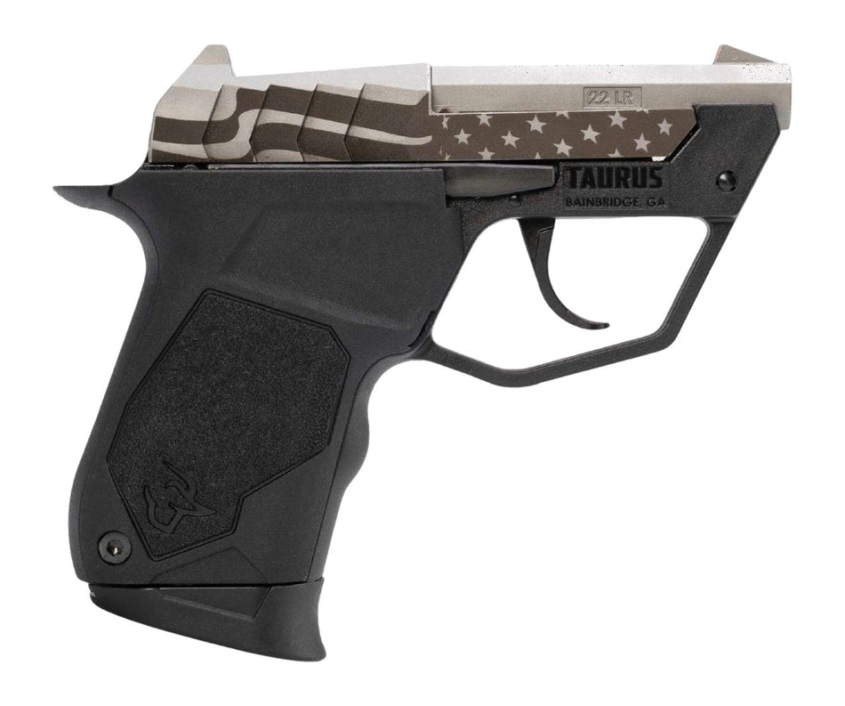 Taurus 1-22TUC139-USFLAG 22TUC Micro-Compact Frame 22 LR 9+1 2.50" Stainless Tip-Up Barrel, Custom Engraved Serrated Slide, Black Polymer Frame