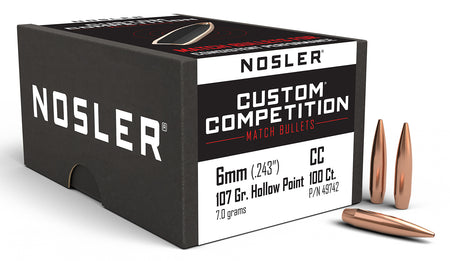 Nosler Custom Competition 6mm 107gr Hollow Point Boat Tail Match Bullets 100/Box