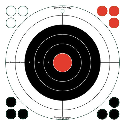 Birchwood Casey Stick-A-Bull 12" Self-Adhesive Bullseye Paper Range Targets Black/Red/White 5 Pack
