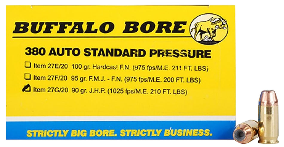 Buffalo Bore Standard Pressure .380 ACP/Auto 90 grain Jacketed Hollow Point ammunition