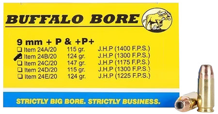 Buffalo Bore Personal Defense +P+ 9mm Luger / Parabellum 124 grain Jacketed Hollow Point ammunition