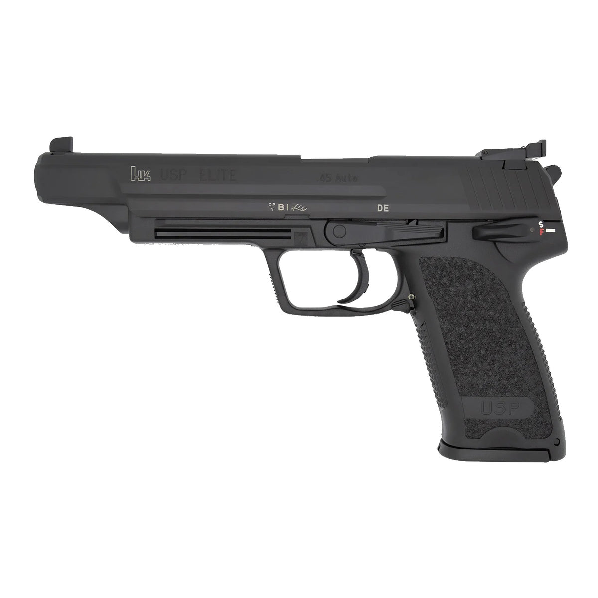 HK 81000367 USP V1 Elite 45 ACP 12+1 6.02" Stainless Stainless Steel Barrel, Black Long/Serrated Steel Slide, Black Polymer Frame, Black Polymer Grip, Includes Two Mags