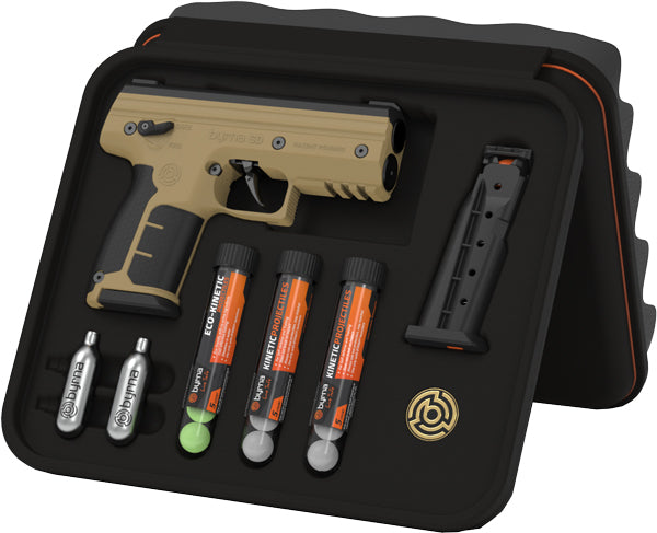 Tan Byrna SD Kinetic Launcher Kit with 2 Magazines and Projectiles