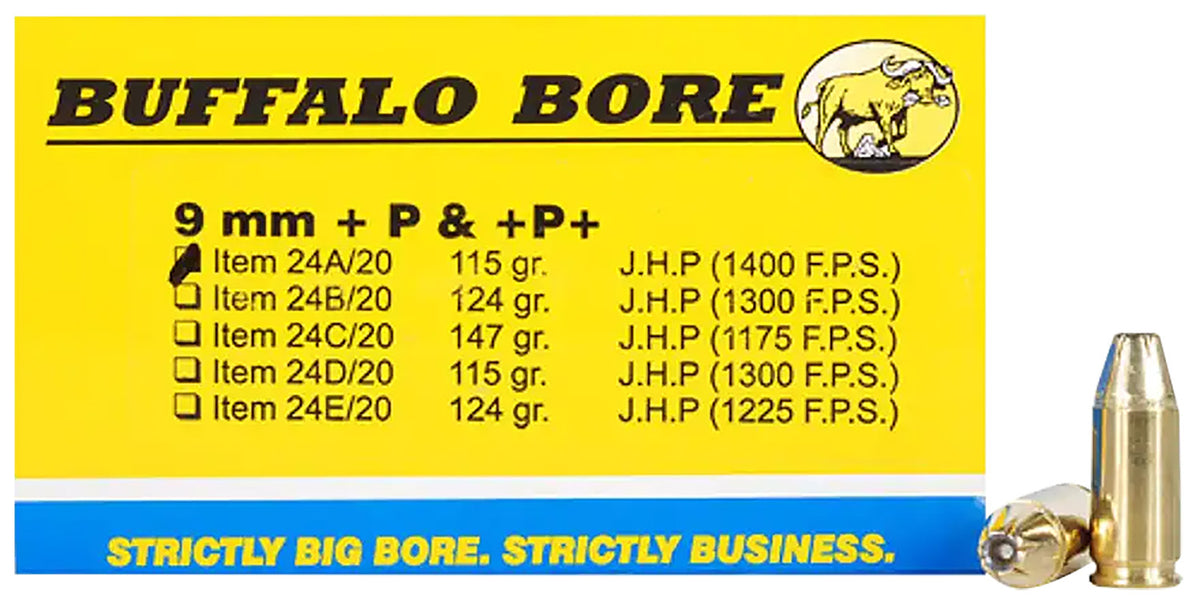 Buffalo Bore Personal Defense +P+ 9mm Luger / Parabellum 115 grain Jacketed Hollow Point ammunition