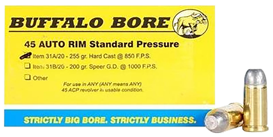 Buffalo Bore Standard Pressure .45 Auto Rim 255 grain Hard Cast Flat Nose ammunition