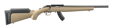 Ruger 8370 American Rimfire 22 WMR 15+1 16" Satin Blued Threaded Barrel & Alloy Steel Receiver w/Picatinny Rail, Black/FDE High Comb Synthetic Stock, Thread Protector