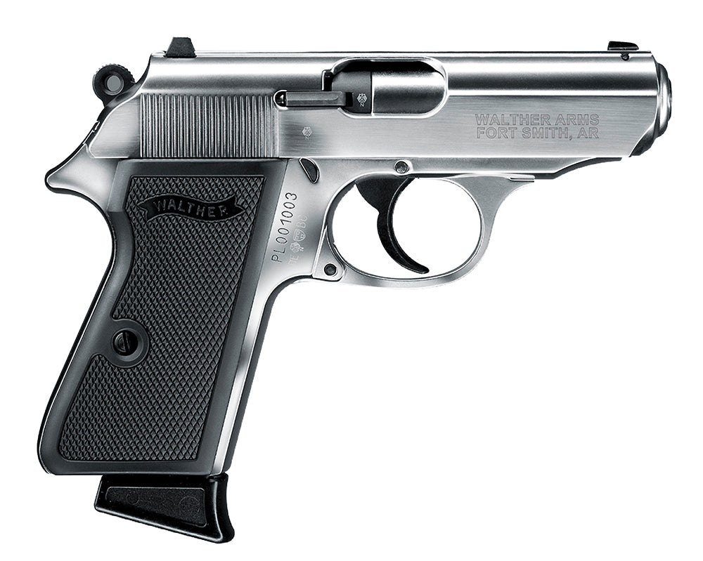 Walther Arms 5030320 PPK/S 22 LR 10+1 3.30" Steel/Threaded Barrel, Nickel Serrated/Steel Slide, Stainless Zinc Alloy Frame w/Beavertail, Black Checkered Polymer Grips