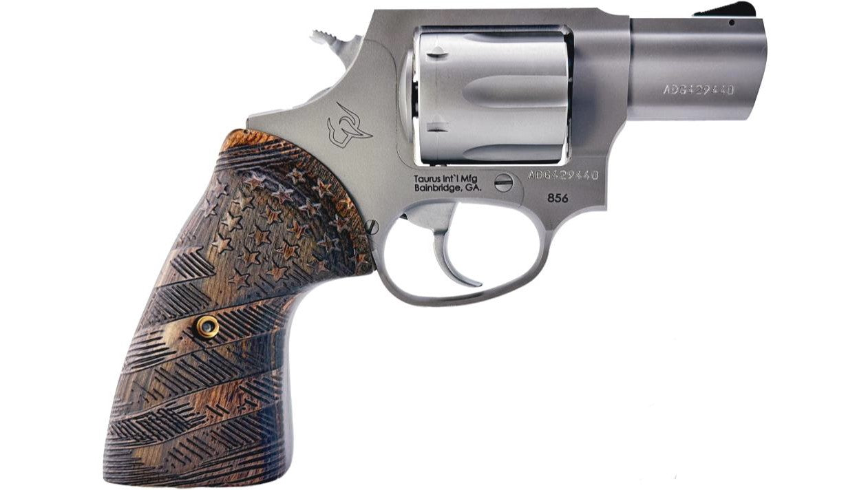 Taurus 2-85629-US2 856 Small 6 Shot 2" Matte Stainless Steel Barrel & Frame, Polished Cylinder, Custom Designed Wood Grip w/Stars, Transfer Bar Safety, Exposed Hammer