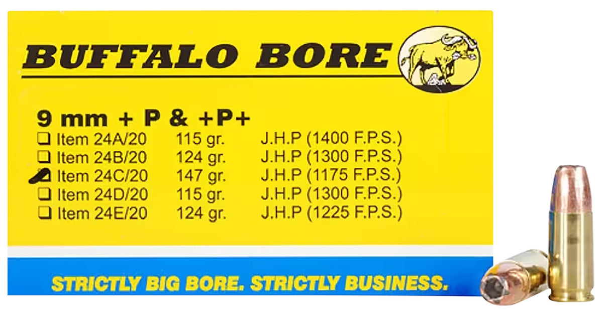 Buffalo Bore Personal Defense +P+ 9mm Luger / Parabellum 147 grain Jacketed Hollow Point ammunition