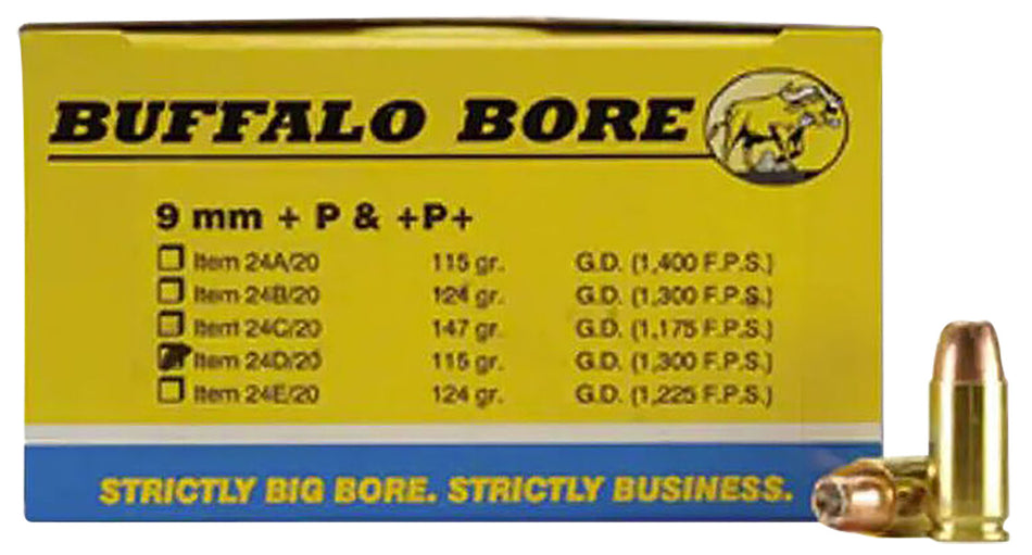 Buffalo Bore Personal Defense +P 9mm Luger / Parabellum 115 grain Jacketed Hollow Point ammunition
