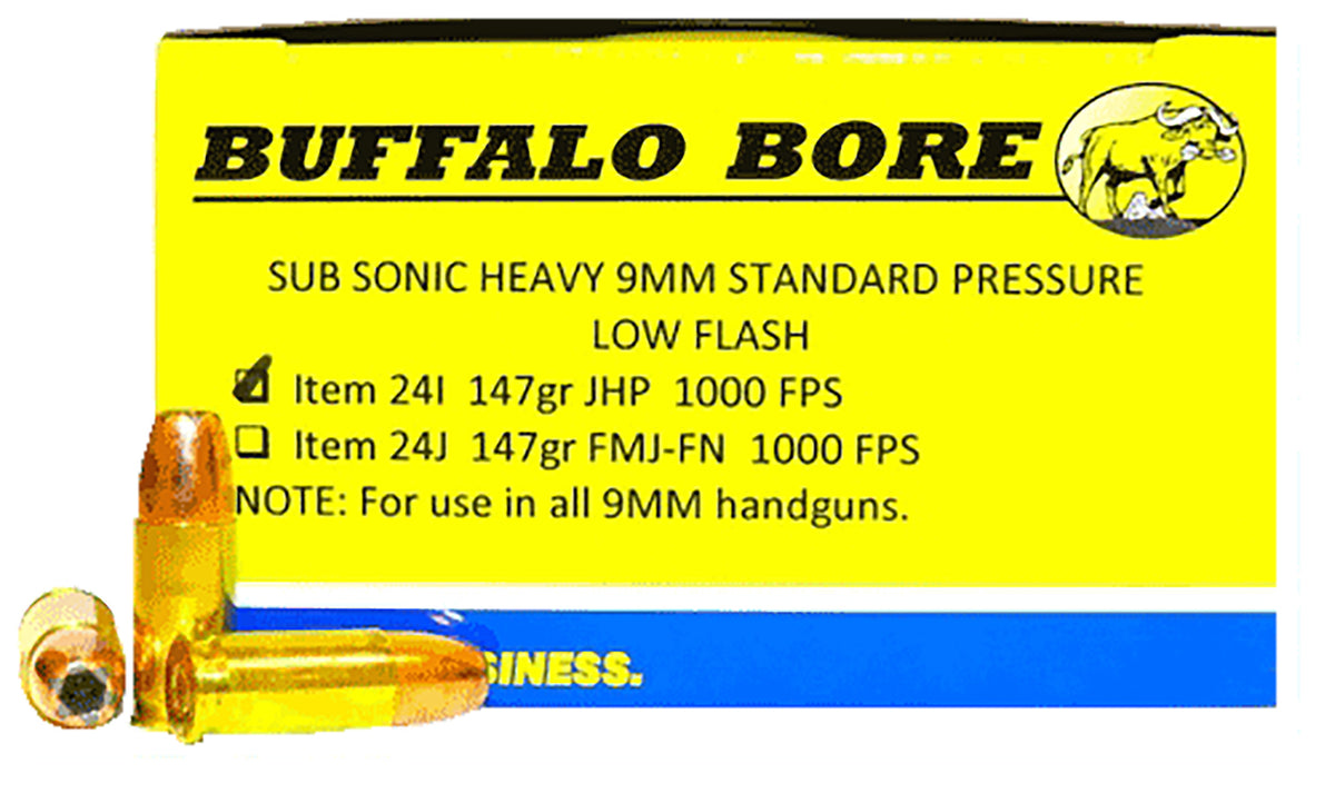 Buffalo Bore Subsonic 9mm Luger / Parabellum 147 grain Jacketed Hollow Point ammunition