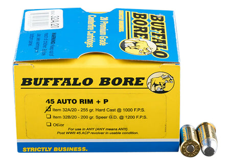 Buffalo Bore Personal Defense .45 Auto Rim 255 grain Hard Cast Flat Nose ammunition