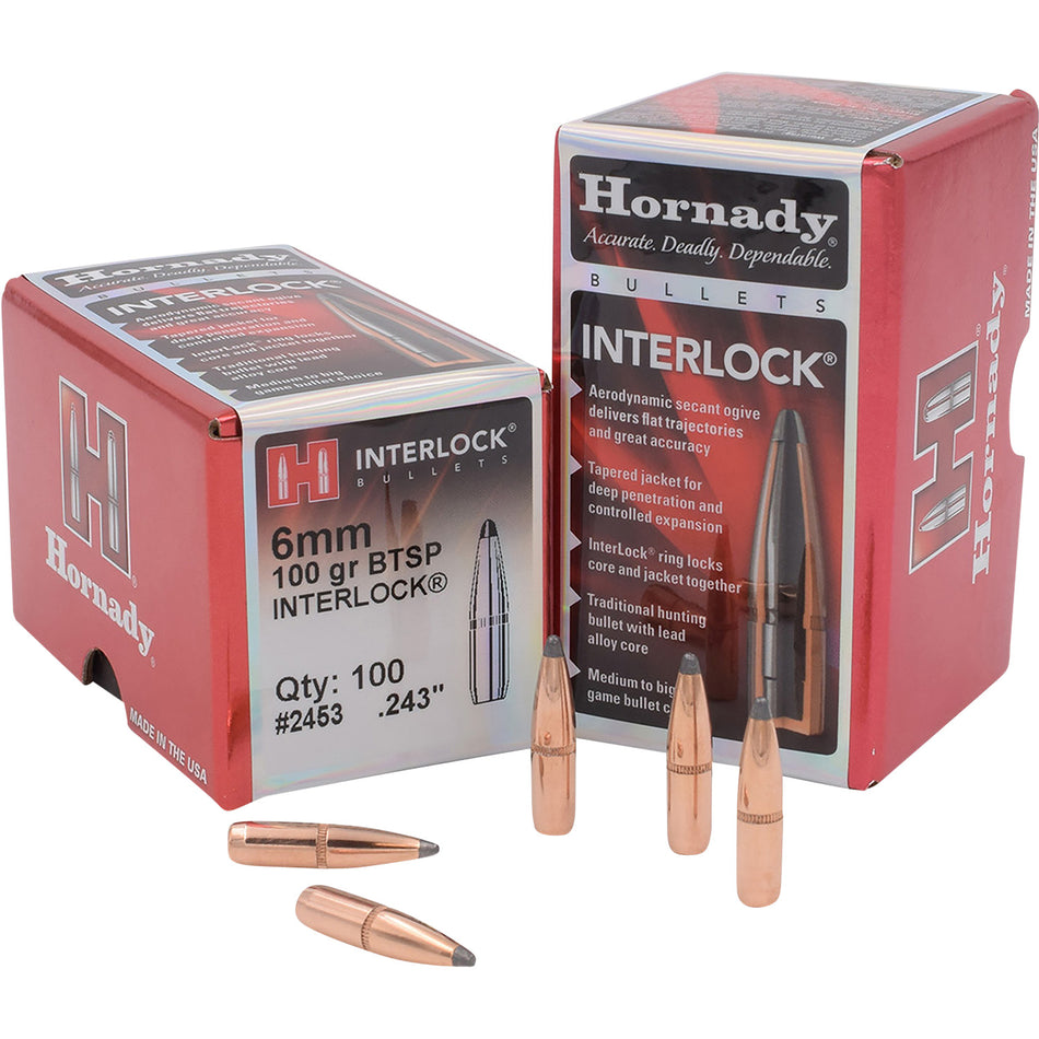Hornady InterLock 6mm .243 100gr Boat Tail Spire Point Bullets 100/Box