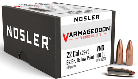 Nosler Varmageddon 22 Cal 62gr Flat Base Hollow Point Reloading Bullets 100/Box