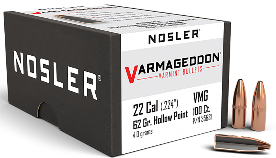 Nosler Varmageddon 22 Cal 62gr Flat Base Hollow Point Reloading Bullets 100/Box