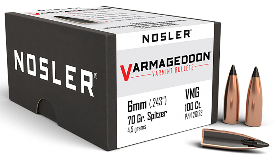 Nosler Varmageddon 6mm 70gr Flat Base Tipped Reloading Bullets 100/Box