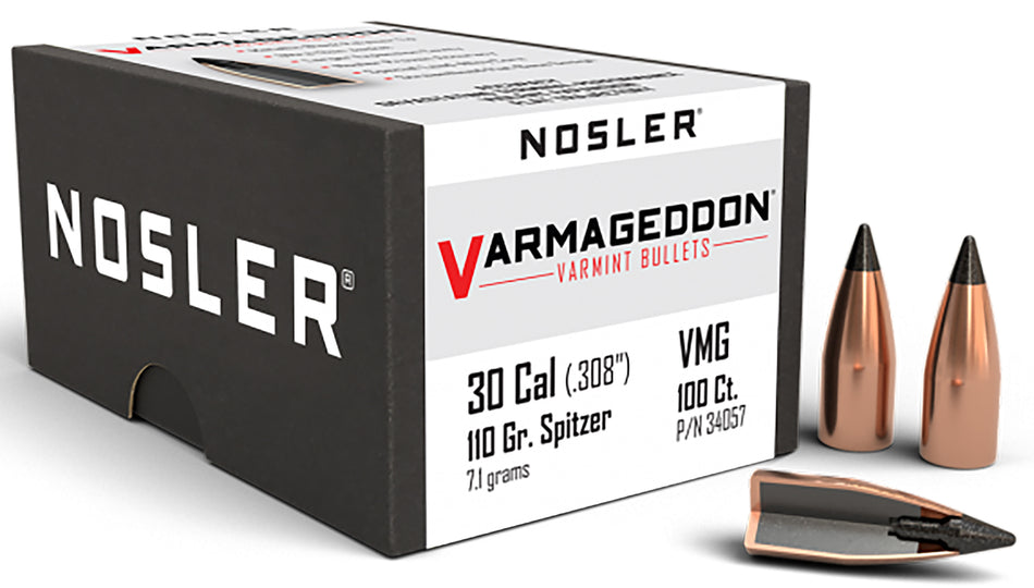 Nosler Varmageddon 30 Cal 110gr Flat Base Tipped Reloading Bullets 100/Box