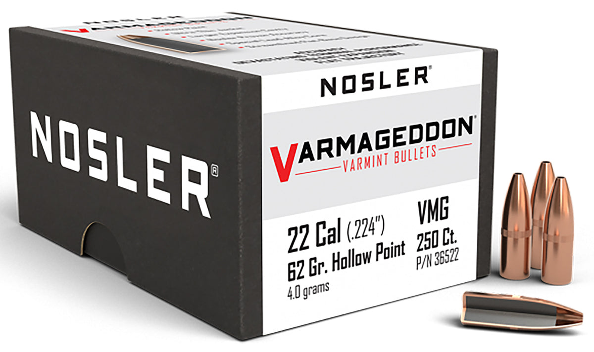 Nosler Varmageddon 22 Cal 62gr Flat Base Hollow Point Reloading Bullets 250/Box
