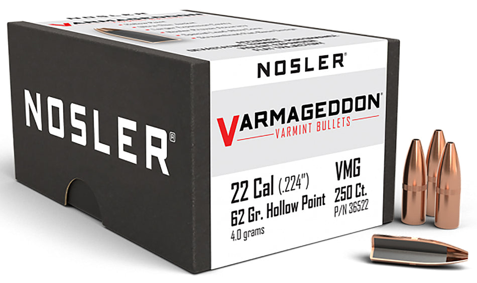 Nosler Varmageddon 22 Cal 62gr Flat Base Hollow Point Reloading Bullets 250/Box